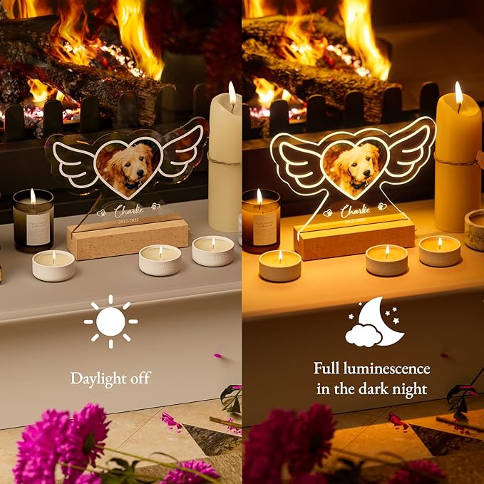 Bemaystar Personalized Dog Memorial Gifts Custom Photo Night Lights Pet Loss Gifts Dog Memorial Plaque Cat Memorial Photo Frame Sympathy Gifts with Picture Name Date