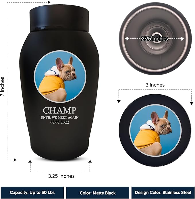 Personalized Custom Photo Dog Urn Engraved Dog Name and Date Stainless Steel Cremation Urns for Dogs Ashes with Pet Photo | Up to 50 Lbs | Standard 7" x 5" | Black