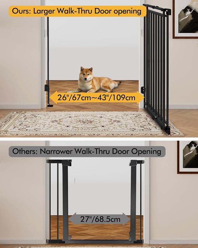 Extra Tall Baby Gate for Stairs Doorways & Kitchen, 26.4"-43" W x 39" H, No Bottom Bar Dog Gate, One-Handed Auto-Close, Hardware Mount Safety Gate for Dogs & Toddlers, Black