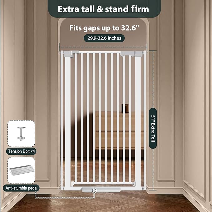 51'' Extra Tall Cat Gate for Doorways 30-40.9'' Wide, Climb Proof Pet Dog Gates for Kitten Dogs, Pressure Mounted No Drilling Cats Fence Barrier White