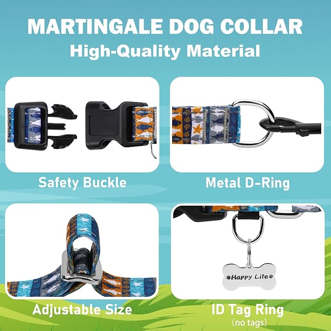Reflective Martingale Collar with Buckle Shark Starfish Ethnic Stripe Adjustable Designer Dog Collars (Underwater World, XSmall)