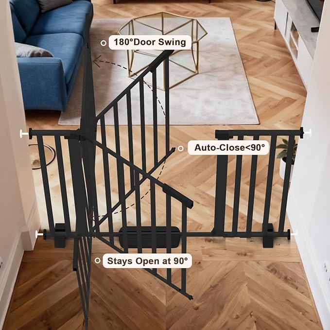 30"-62.5" Extra Wide Baby Gate for Doorways/Hallways,Pressure-Mounted Dog Gate Indoor for Stairs, Auto Close Pet Door for Child/pet Proof Safety, No Need Drilling,Black