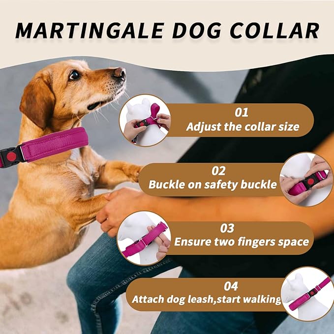 Martingale No Pull Dog Collar for Large Medium Small Dogs, Heavy Duty Nylon Reflective Adjustable Anti Pull Slip Collar with Buckle for Training Walking L Hot Pink