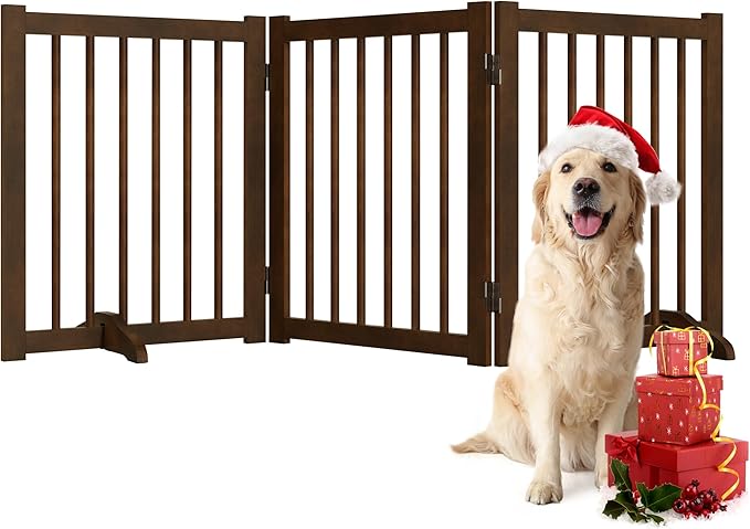 Indoor Dog Gate,Wooden Freestanding Dog Gate for Stairs or Doorways-3 Panels 24" - Folding Solid Wood Safety Pet Fence with 2 Support Feet-Walnut Color