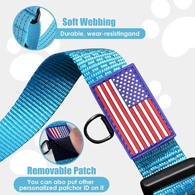 Martingale Collar for Dogs, Reflective Heavy Duty with Quick Release Nylon Buckle-USA Flag-No Pull Training Choker for Walking, Training, Sky Blue,M