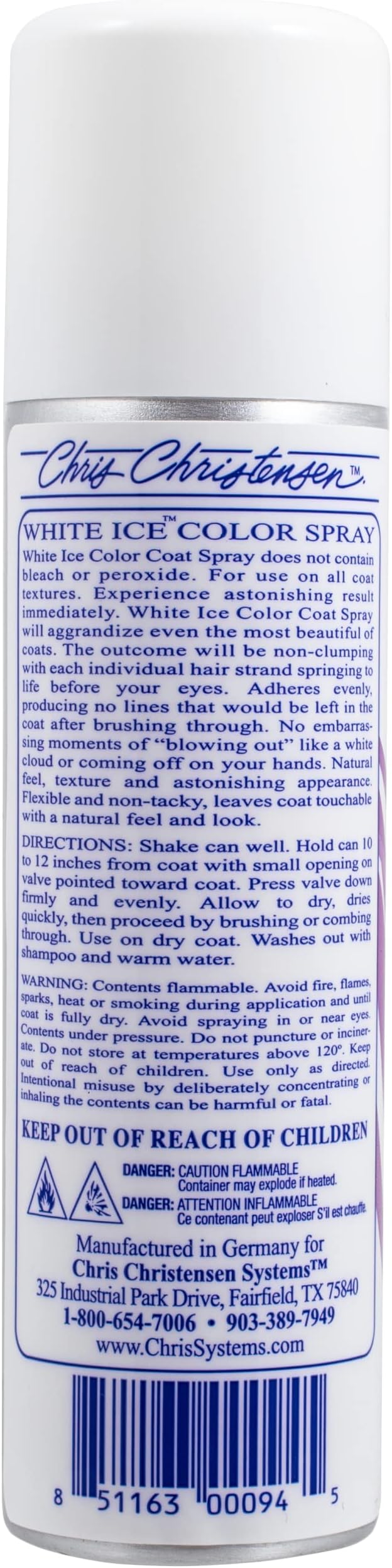 Chris Christensen White Ice Spray, Dog Cosmetics, Groom Like a Professional, Natural Look, Easy to Apply and Blend, Made in The USA, 3oz