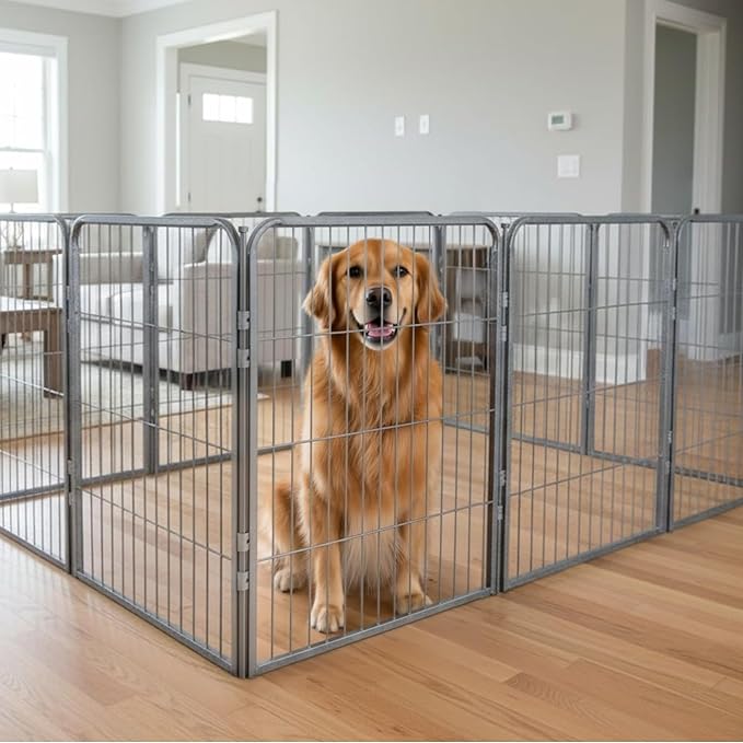 Dog Playpen w/Carrying Case for Indoor or Outdoor Use – 40 Inch, 8 Grey Panels - Portable Metal Exercise Pen for Medium & Large Dogs - Pet Fence Kennel Crate for House, RV, or Travel