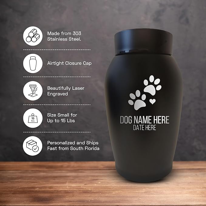 Personalized Custom Small Keepsake Urn Engraved with Pet Name, Date, and Dog Design - 5.2" Black Powder Coated Steel Cremation Urn for Dogs Ashes | 12-16 lb Capacity, Dog Paws