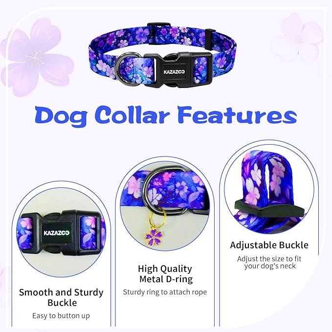 Kazazoo Dog Collar Cute and Soft Nylon Puppy Collar Girl, Adjustable Dog Collars for Medium Large Dogs, Purple Flowers-L