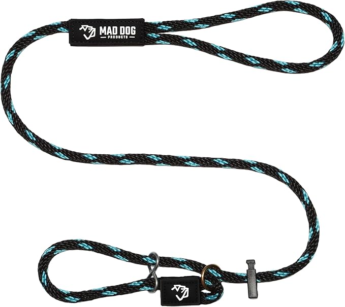 Mad Dog Products Easy Leader Dog Leash 1/2" x 10' Black/Sky Blue Signature Rope - Made in USA