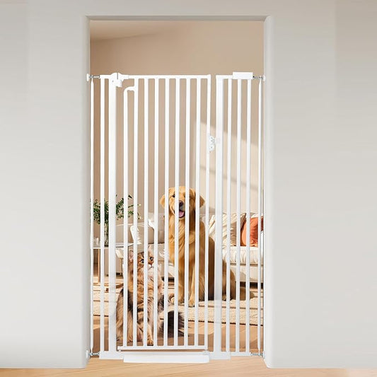 59“ Extra Tall Cat Gate for Doorway: 33.4-37.4” Wide Pet Gate, Auto Close/One Handed Open, 1.34” Extra Small Gap, No Drill Pressure Mount Tall Cat Gate for Interior Stairs/Kitchens/Hallways (White)