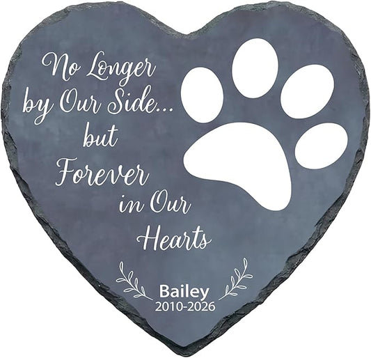 Personalized Dog Memorial Stone, No Longer by Our Side Heart Paw Print Plaque, Pet Loss Gift for Dogs Stone (S-002)