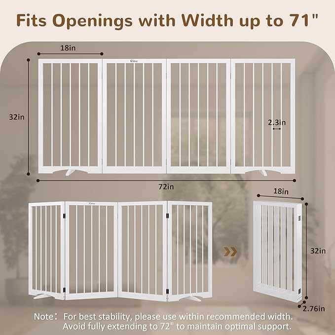 32" Extra Tall Freestanding Dog Gate, Foldable Pet Gate for Doorways Stairs Hallways, 4-Panel Dog Fence with Support Feet for Stability, Folding Puppy Gate Easy to Carry No Drilling 72"x32"