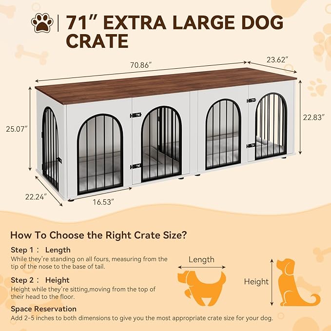 71" Large Dog Crate Furniture for 2 Dogs, Wooden Double Dog Crate, Indoor Dog Kennel TV Stand with Divider and Cushion for Large Medium Dogs, White/Brown