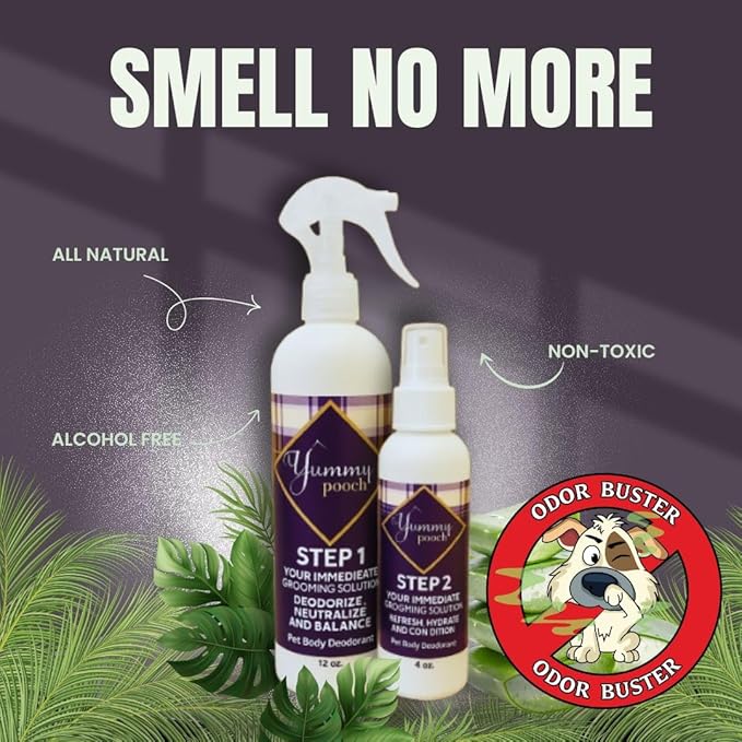 Yummy Pooch Dog Deodorant Hypoallergenic (No Scent) - All-Natural 2-Step Odor Control & Coat Hydration - Includes Bandana & Travel Bag - Made in The USA - 8 oz and 4oz
