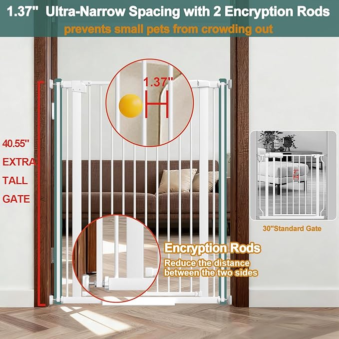 40.55" Tall, 61.61-69.48 Inch Wide, 1.37" Ultra Narrow Spacing Dog Pet Baby Gate Indoor for Doorway Hallway, Pressure Mounted 62 63 64 65 66 67 68 69 Inches Wide
