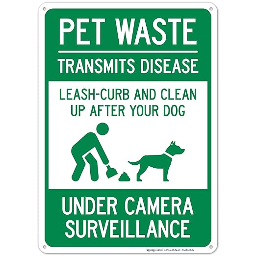 Pet Waste Leash-Curb and Clean Up After Your Dog Under Camera Surveillance Sign, (SI-63188) 10x14 Inches, 55 mil Thick HDPS (high Density polystyrene), Made in USA