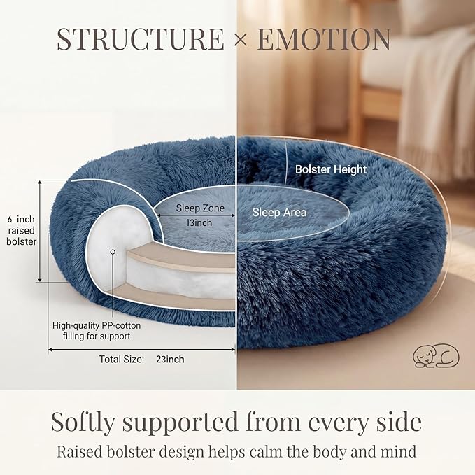 Calming Donut Dogs Beds for Small Dogs Washable,23inch Plush Round Pet Bed for Cozy Sleep,Fluffy Faux Fur Large Cat Bed,Fits up to 25 lbs Pets,Navy Blue