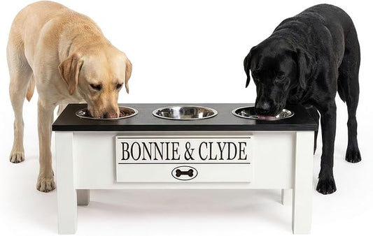 GTW Elevated 3 Bowl Dog Feeding Station - Customized Triple Stand for Large Dogs - Includes Storage & Stainless Steel Bowls (Large, Black)