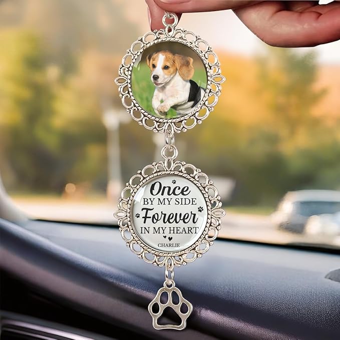 Custom Photo You Once By My Side, Personalized In Loving Memory Car Charm Ornament, Pet Memories Gifts For Dogs, Pet Loss Sympathy Gift, Remembrance Passing Away Gifts For Dog Lovers