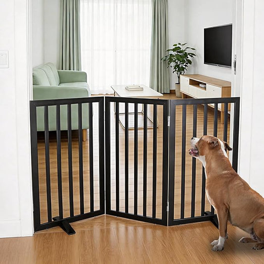 ZJSF Freestanding Indoor Dog Gate for House Foldable Wood Puppy Gate for Doorways Pet Gate for Stairs Extra Wide Pet Fence, Black, 32" Height 3 Panels