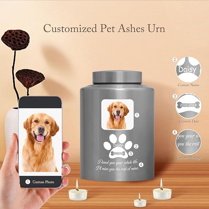 Custom Urns for Dogs and Cats Ashes Personalized Pet Urn with Name and Photo Pet Cremation Memorial Urn for Loss of Dog or Cats Engraved Pet Funeral Urns (Paw)