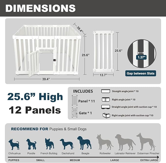 Dog Playpen with Locking Door - 12 Panel Indoor Puppy Play Pen & Pet Fence, 25.6 Inch Height Portable Playpen for Small Medium Dogs & Cats, Easy Set Up, Durable Plastic, White