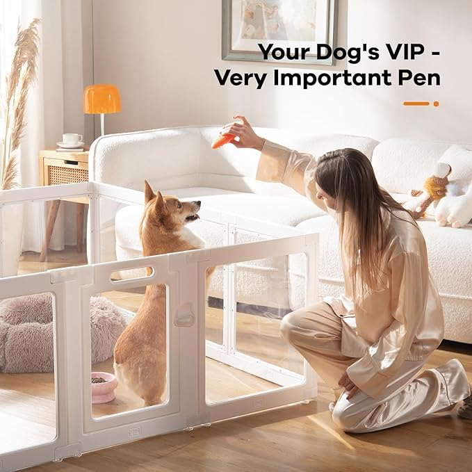 Clear Acrylic Dog Playpen Indoor, Puppy Cat Small Pet Play Pen, Pet Cat Playpen for Rabbits, Dog Fence Crate Kennel Whelping Cage (30", White, 12 Panel)