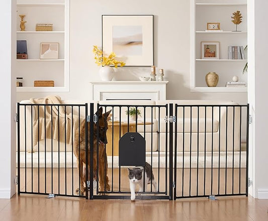 No Pawblems Dog Gate with Cat Door, Free Standing 30'' Tall Foldable Dog Fence for Indoor & Outdoor, Up to 78 Inch Extra Wide Puppy Gate for Stairs, Hallways, Doorways, Deck, Yard (Black, 3 Panels)