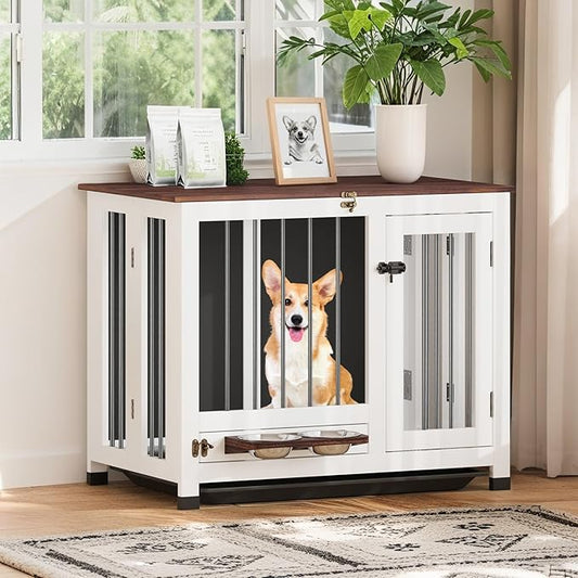 Dog Crate - 31.5" Wooden Dog Kennel Furniture with 360° Rotating Feeder & Removable Tray | Multi-Functional End Table for Medium & Small Dogs, White Dog Cage Indoor, Portable Pet Furniture
