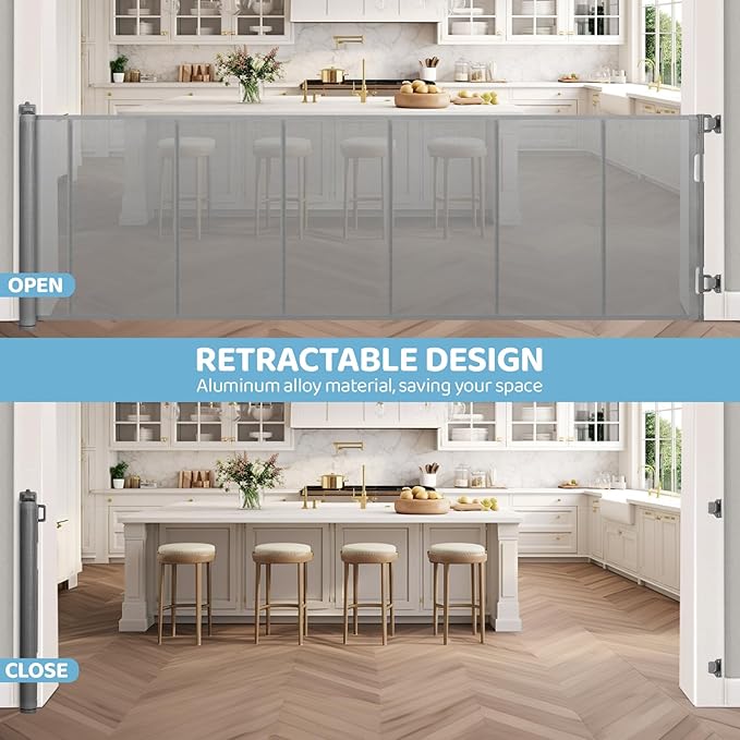 120 Inch Extra Wide Retractable Baby Gate for Large Opening, 33” Tall, Upgraded Dog Gate with Fiberglass Rods for Doorways, Indoor & Outdoor and Stairs, Gray