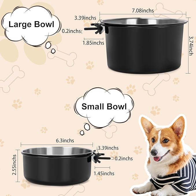 Crate Dog Bowls, Removable Stainless Steel Dog Bowl for Food and Water, Pet Kennel Hanging Food Water Feeder Bowls for Small/Medium/Large Dogs and Cats (7.1"x3.7" & 6.3"*2.6", Dark Black)