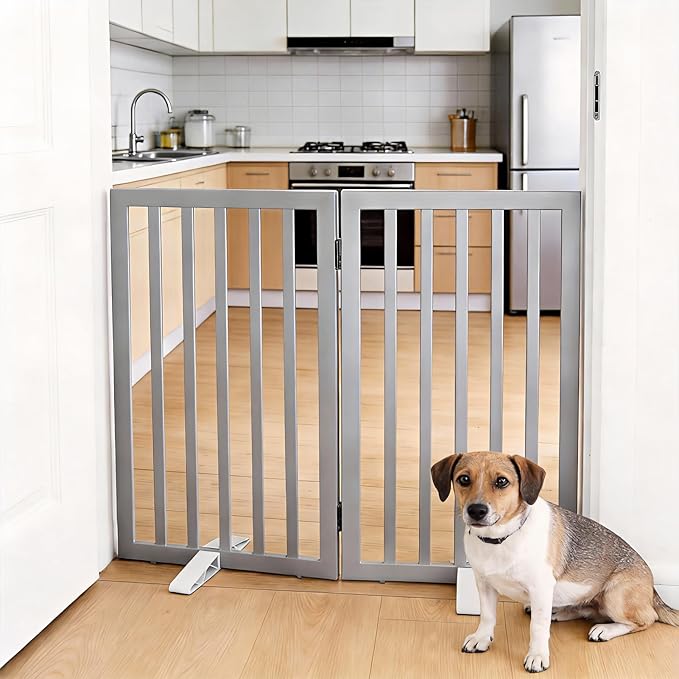 Dog Gate Indoor, Freestanding Dog Fence for The House, Doorways, Hallways,or Stairs,Pet Gate Foldable Wooden,Expandable 32" Height 2 Panels,Grey