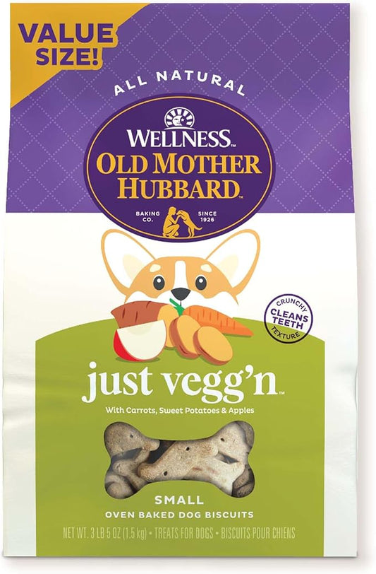 Wellness Old Mother Hubbard Classic Just Vegg'n Dog Biscuits, Natural Training Treats, Sweet Potato, Oats, Apple and Carrot Flavor, Small Size, 3.3 lb Bag