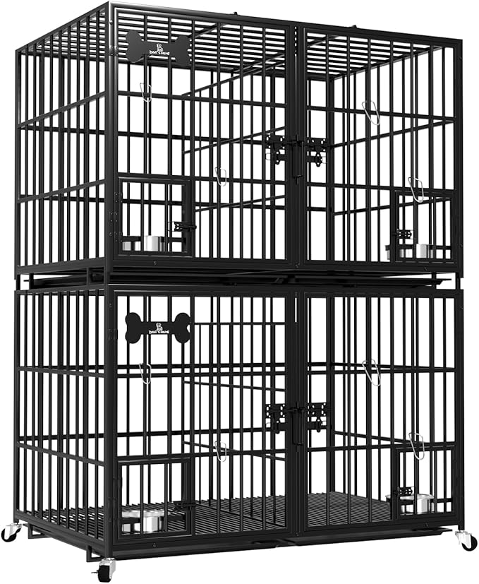 42 inch Stackable Heavy Duty Metal Dog Crate for 4 Dogs/Large Dog,All Metal Open Top Access,Escape Proof Cage,Dog Kennel Indoor with Wheels,Floor Grid, Tray, Divider and Feeding Bowl