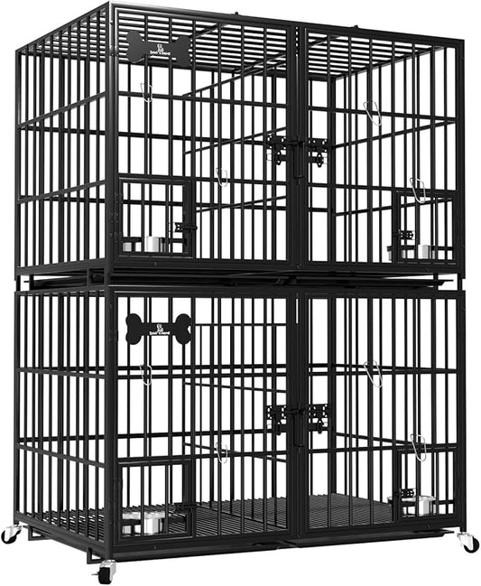 42 inch Stackable Heavy Duty Metal Dog Crate for 4 Dogs/Large Dog,All Metal Open Top Access,Escape Proof Cage,Dog Kennel Indoor with Wheels,Floor Grid, Tray, Divider and Feeding Bowl