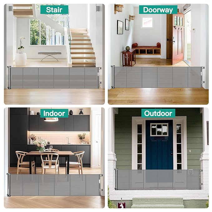 24 Inch Tall x 150 Inch Extra Wide Retractable Dog Gate for The House, Short Baby Gate to Step Over, Reinforced Mesh Puppy Gate for Doorways, Step Over Pet Gate for Stairs, Indoor/Outdoor, Gray