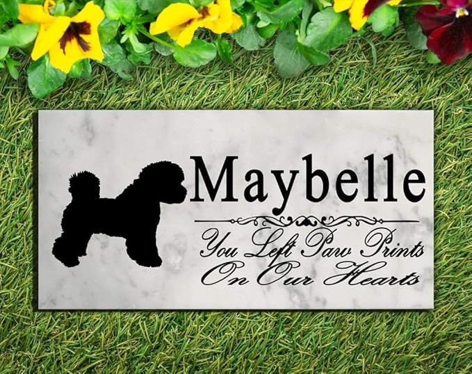 Broad Bay Bichon Frise Dog Memorial Stone – “You Left Paw Prints On Our Hearts” Personalized Marble Tribute – Custom Dog Loss Plaque – Indoor/Outdoor Grave Marker or Sympathy Gift