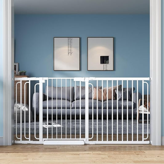 Extra Wide Baby Gate with Door 62-70 Inch Pressure Mounted, Auto Close Child Baby Gates for Doorways No Drill, Walk Through Dog Gate Indoor for The House, White
