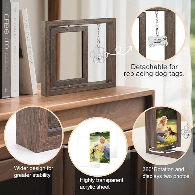 Uross Dog Memorial Gifts for Loss of Dog- Pet Memorial Remembrance Bereavement Sympathy Gifts for Dogs, Rotating Wooden Passing Away Picture Frame for 4x6 Photo- Brown