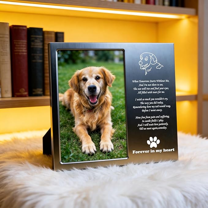 Aluminum Dog Memorial Picture Frame with Gift Box, Rainbow Bridge Dog Remembrance Gifts, Loss of Dog Sympathy Gift, Forever in My Heart Metal Keepsake (Fits 4x6 Photo) 1S
