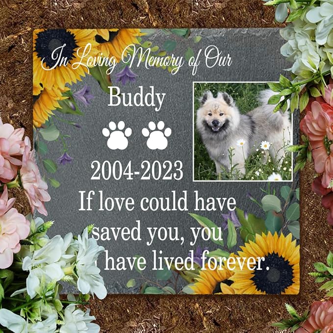 Pet Memorial Garden Stone Photo, Customized Pet Sunflowers Memorial Gifts for Loss of Dog Cat, Pet Grave Marker Headstone