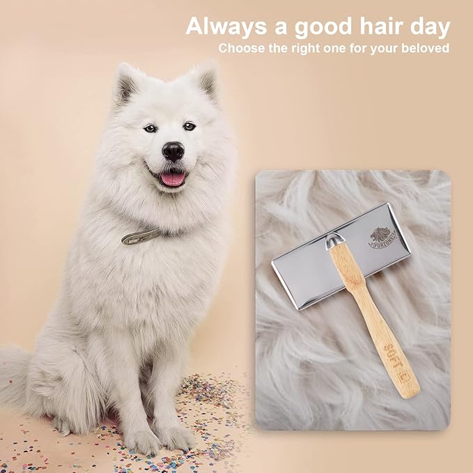 Furzone Wooden Slicker Brush - Stainless Steel Soft Pins for Pet Grooming (Size M)