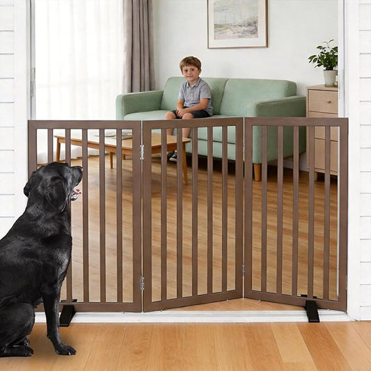 ZJSF Freestanding Indoor Dog Gate for House Foldable Wood Puppy Gate for Doorways Pet Gate for Stairs Extra Wide Pet Fence, Brown, 32" Height 3 Panels