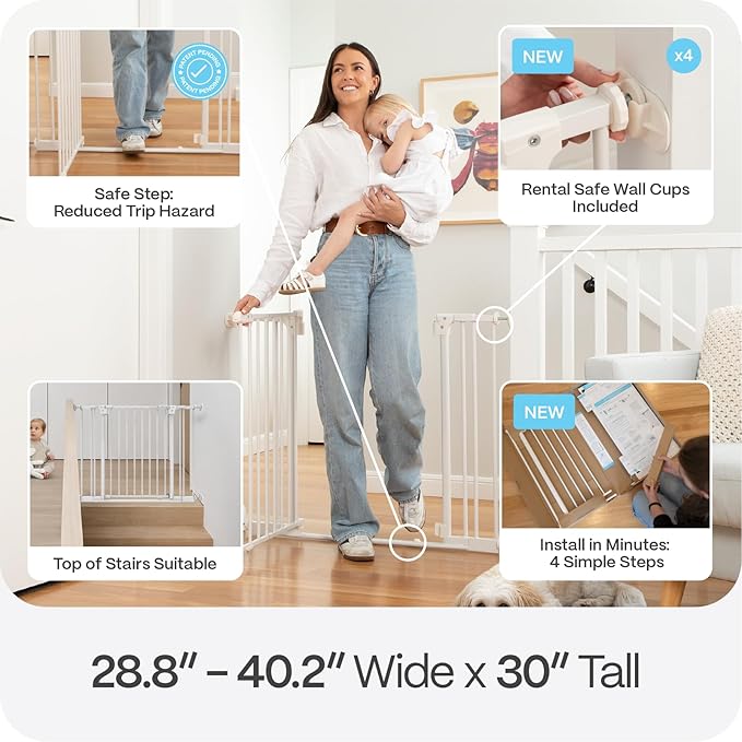 Perma Child Safety Safe Step Baby Gate for Stairs & Doorways, Rental Safe, 2-Minute Easy Install Pressure Mounted Gate, 28.8–40.1" Wide x 30" Tall, Auto Close, Stay Open, Ultra-Low Bar, White