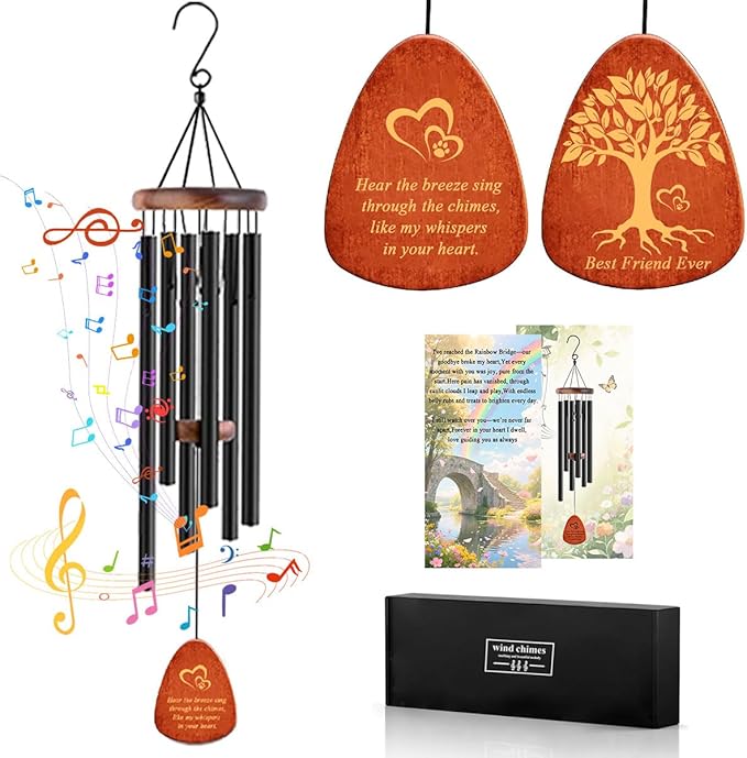 Dog Memorial Gifts Wind Chimes, Pet Loss Sympathy Gift, 25.5'' Dog Cat Passing Away Remembrance Wind Chime with Rainbow Bridge Poem Card, Black