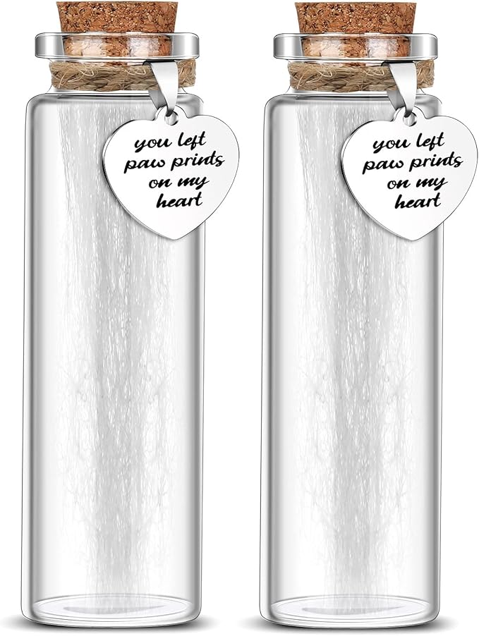 Nuenen 2 Pcs Pet Memorial Hair Keepsake Pet Fur Glass Bottle with Heart Shape Ornaments and White Organza Bags Pets Passing Away Funerary Bereavement Remembrance Loss Sympathy Gift for Dog Cat Ashes