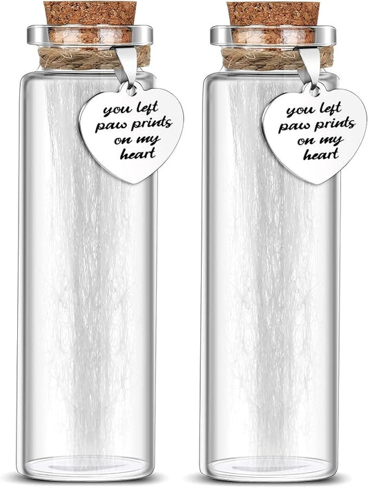 Nuenen 2 Pcs Pet Memorial Hair Keepsake Pet Fur Glass Bottle with Heart Shape Ornaments and White Organza Bags Pets Passing Away Funerary Bereavement Remembrance Loss Sympathy Gift for Dog Cat Ashes