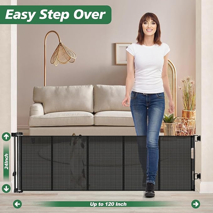 24" Tall X 120" Extra Wide Retractable Baby Gates, Short Dog Gates to Step Over, Reinforced Long Mesh Pet Gate with Support Rods, Small Puppy Gates for The House, Black