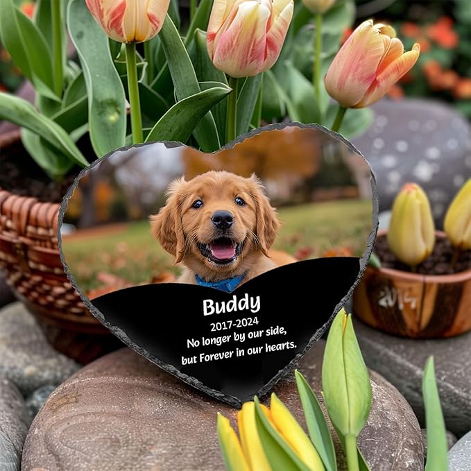 Custom Dog Memorial Stone with Photo & Name – Personalized Pet Headstone, Paw Print Keepsake Gift for Dog Loss, Outdoor Garden Slate Plaque (Heart-Shaped)